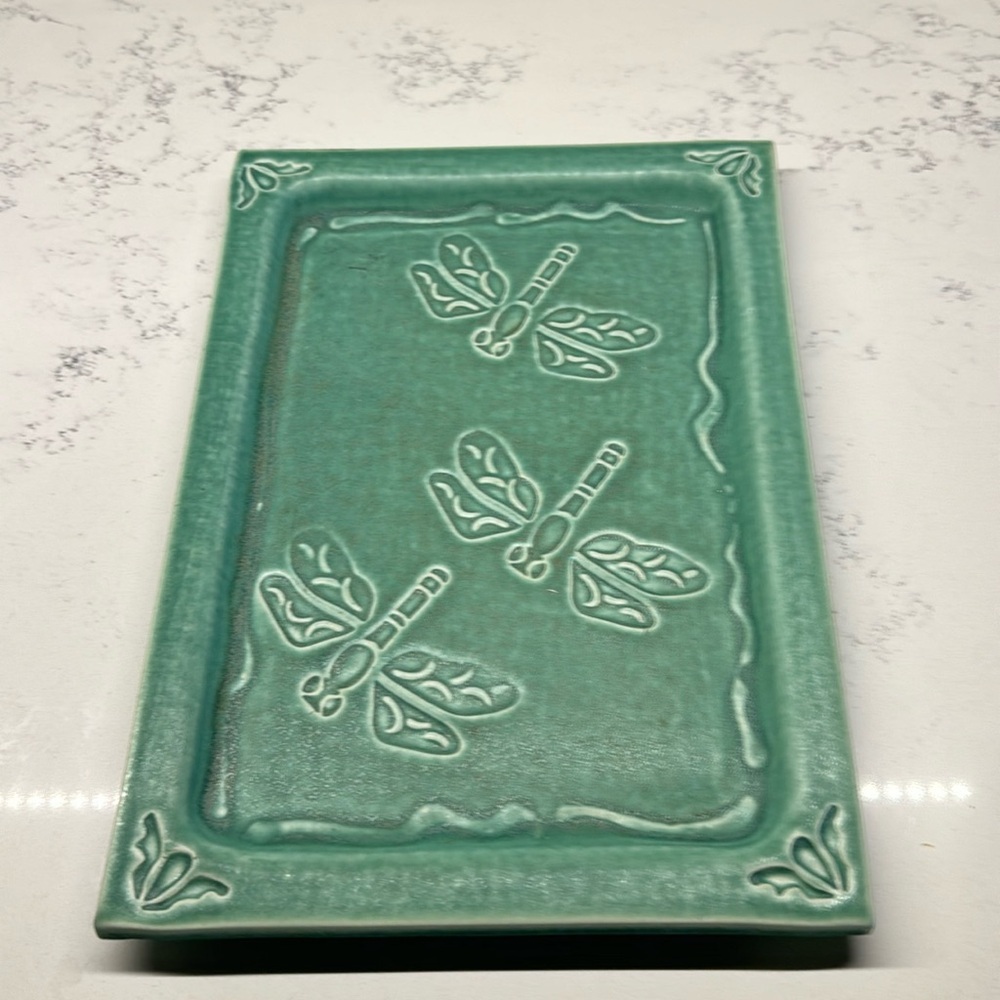 TOSCH Whitestone Studio Art Pottery Denim Blue Glazed Tray dragonfly